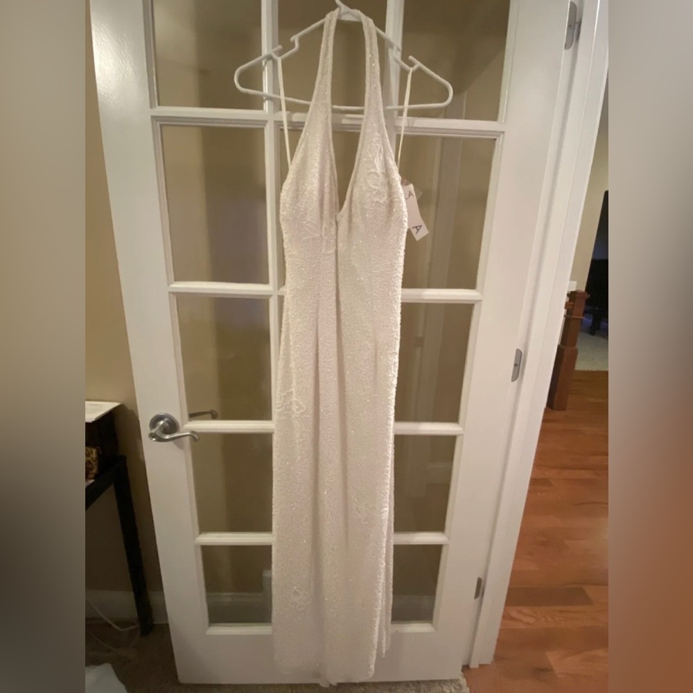 Scala Vintage White Beaded Silk Halter Column Wedding Dress XL NWT Juniors 11